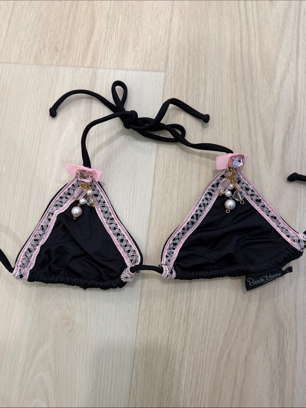 Beach Bunny Black and Pink Embellished Triangle Bikini Top